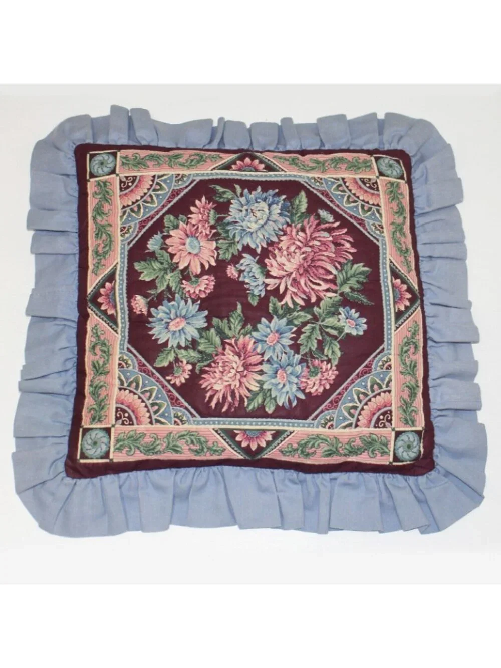 Set of 2 Vintage Blue Floral Quilted Throw Pillows 21
